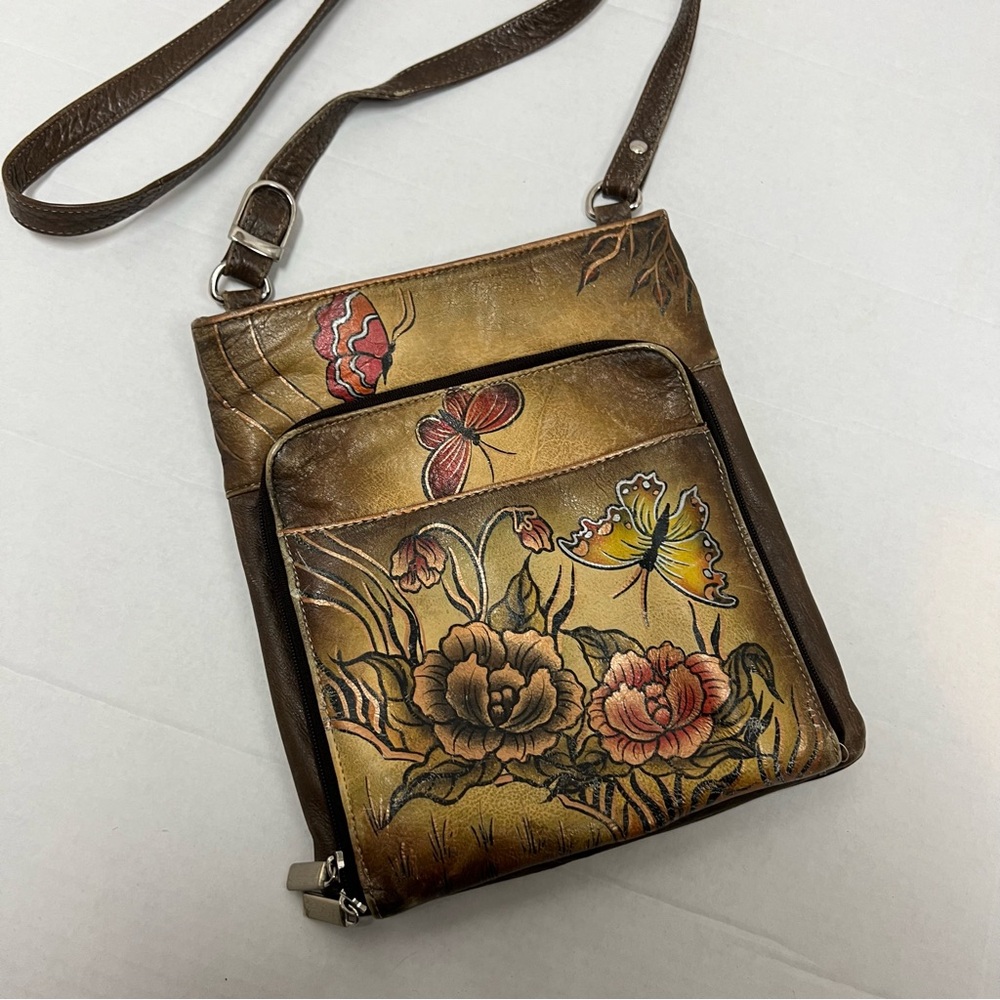 Biacci Hand Panted Flowers Butterflies Brown Leather Crossbody Bag Handbag Art
